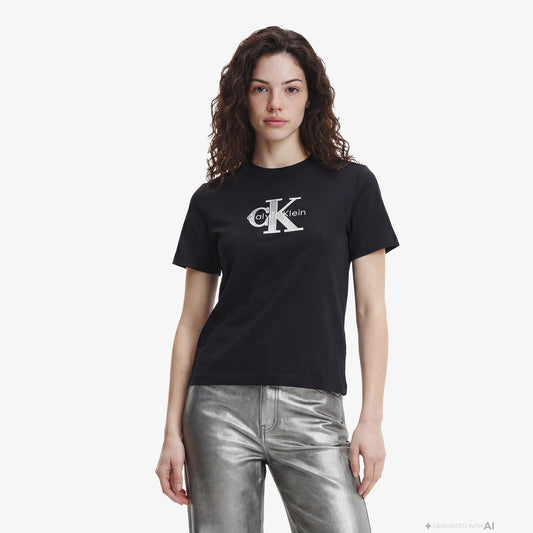 Calvin Klein Classic Monologo Metallic Kadın Siyah T-shirt