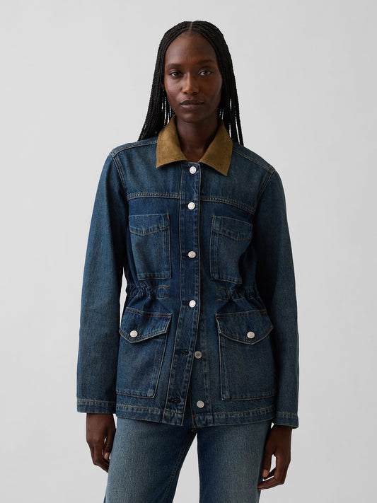 Koyu Mavi Belden Bağlamalı Denim Chore Ceket