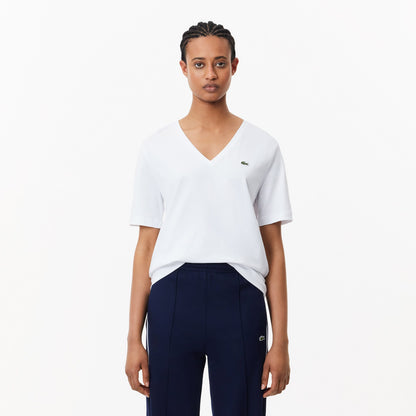 Lacoste Kadın Relaxed Fit V Yaka Beyaz T-shirt