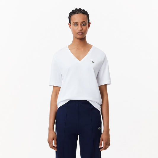 Lacoste Kadın Relaxed Fit V Yaka Beyaz T-shirt