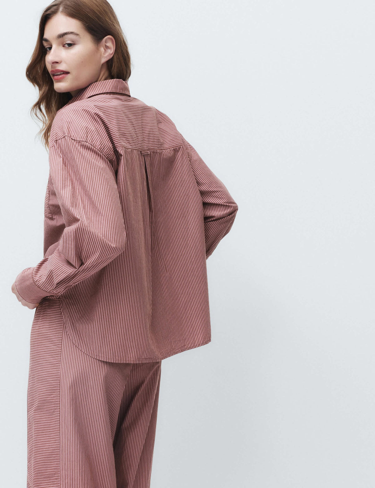 Pamuklu Poplin Çizgili Pijama Gömleği