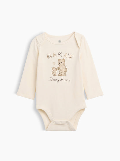 Krem Organik Pamuk Family Grafik Baskılı Bodysuit