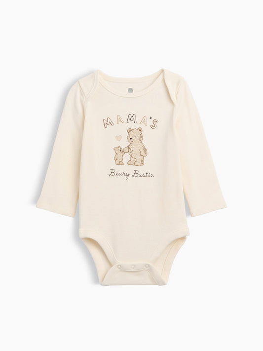 Krem Organik Pamuk Family Grafik Baskılı Bodysuit