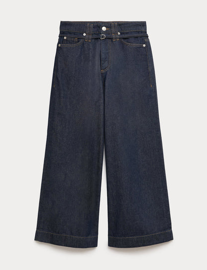 Denim Yüksek Bel Geniş Paça Kısa Pantolon
