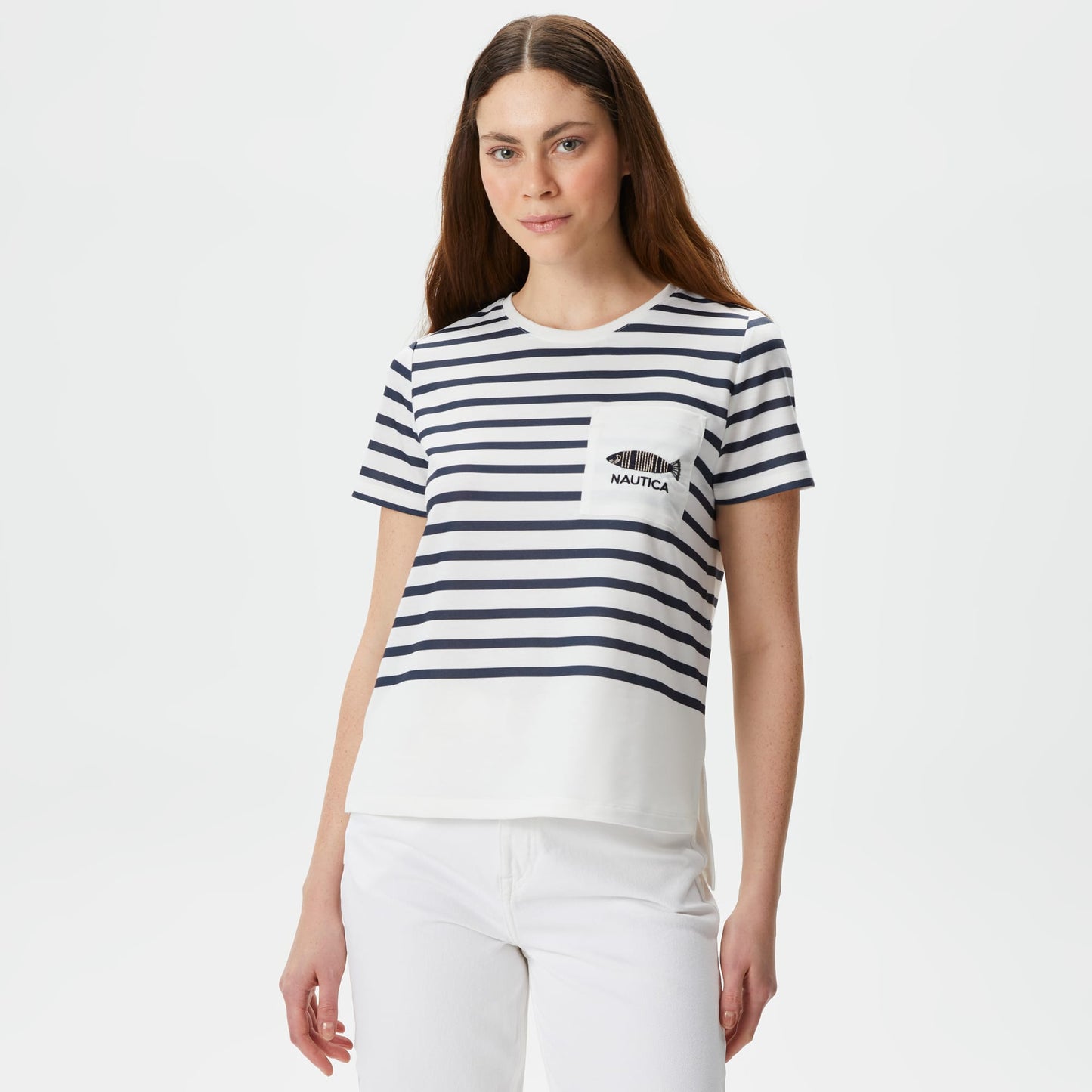 Nautica Kadın Beyaz Regular Fit Çizgili T-shirt