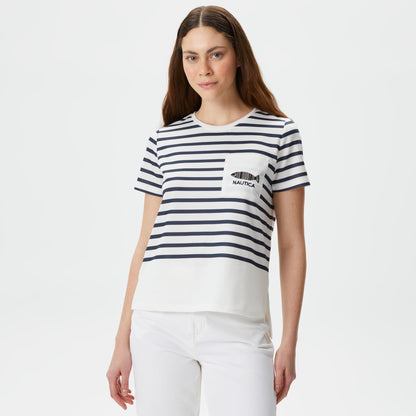 Nautica Kadın Beyaz Regular Fit Çizgili T-shirt