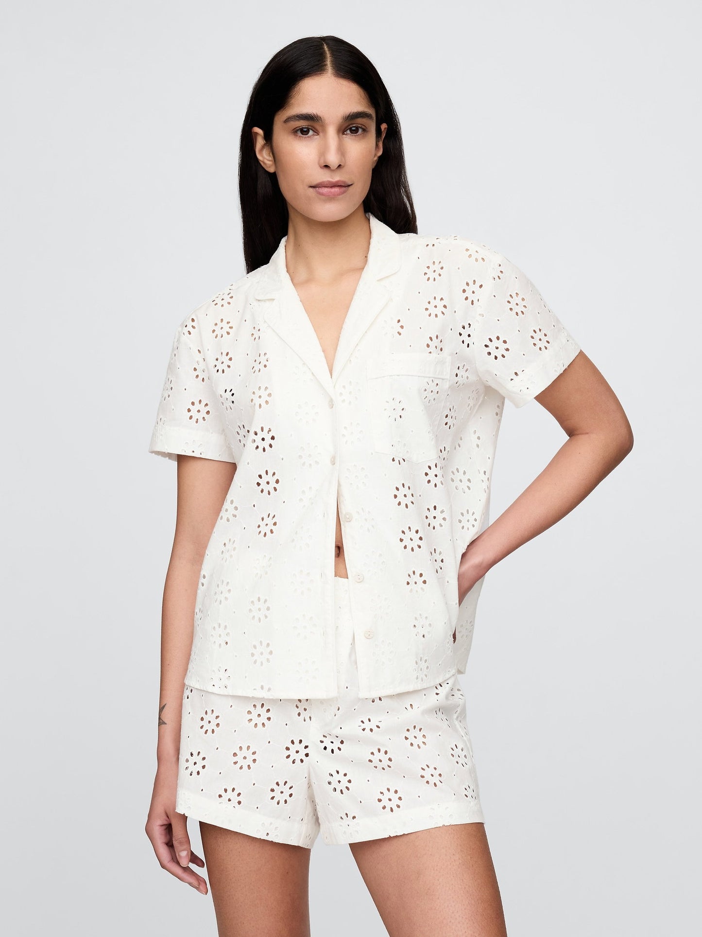 Beyaz Eyelet Poplin Pijama Üstü