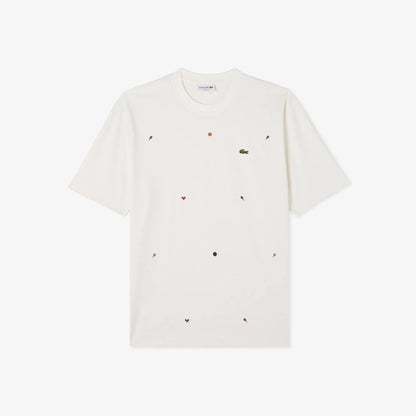 Lacoste Erkek Loose Fit Bisiklet Yaka Desenli Beyaz T-shirt
