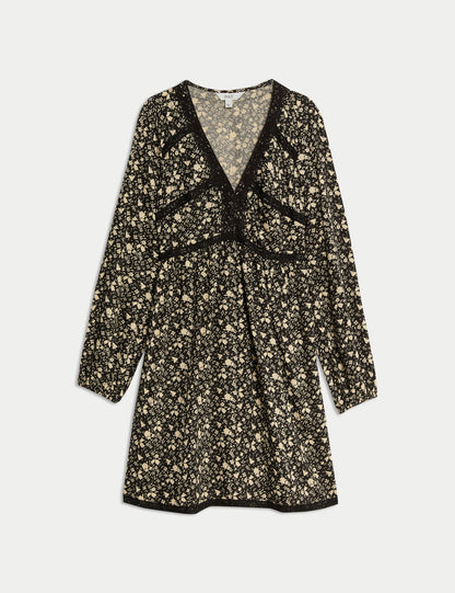 Baskılı Dantel Detaylı Mini Elbise