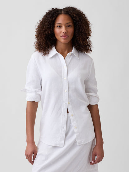 Beyaz Oversized Keten Karışımlı Easy Gömlek