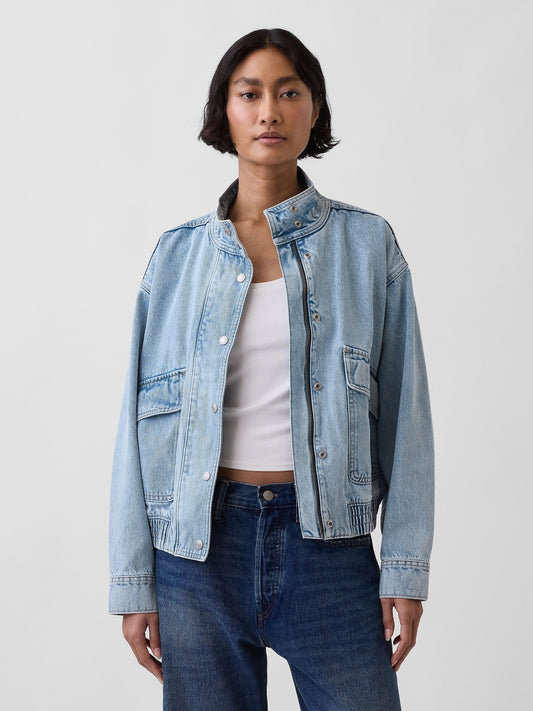 Açık Mavi Oversized Denim Bomber Ceket