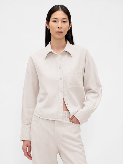 Kırık Beyaz Keten Karışımı Oversized Gömlek