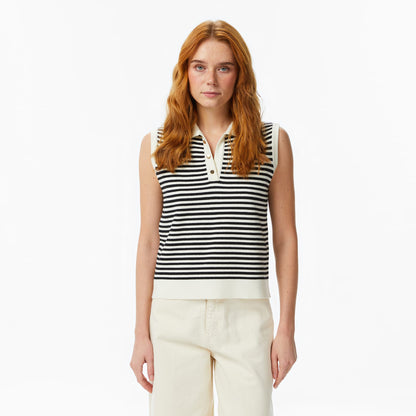 Nautica Kadın Krem Regular Fit Kolsuz Çizgili Polo Yaka T-shirt