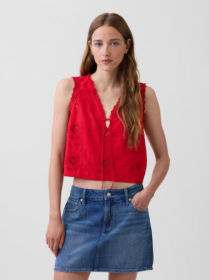 Kırmızı Keten Karışımlı Işlemeli Crop Shell Askılı Bluz