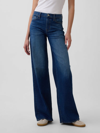 Koyu Mavi Mid Rise Wide-leg Jean Pantolon