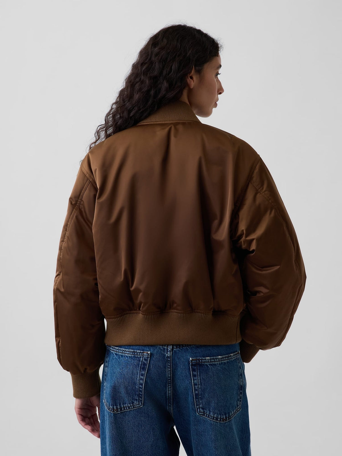 Kahverengi Padded Saten Bomber Ceket