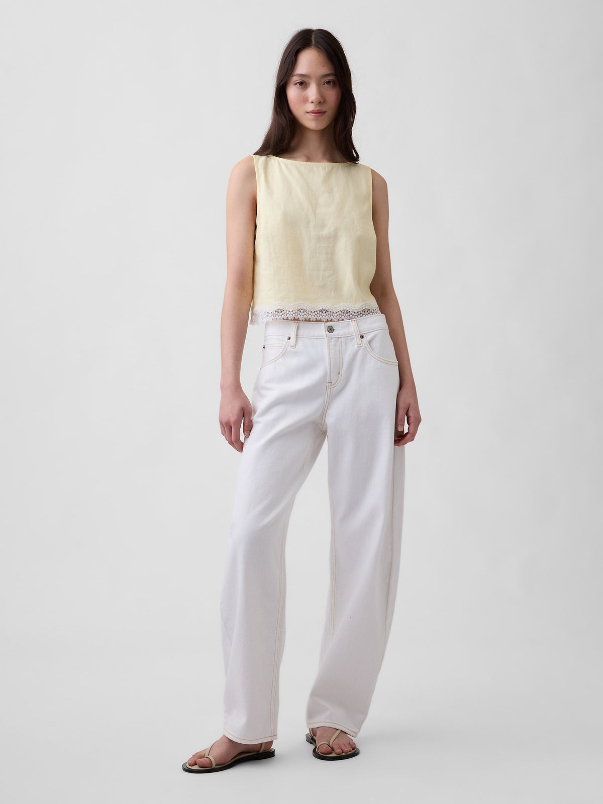 Sarı Keten Karışımı Dantel Kenar Crop Bluz