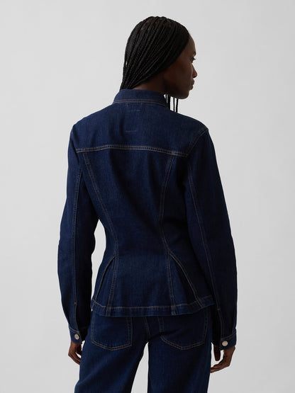 Koyu Mavi Denim Fermuarlı Peplum Ceket