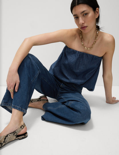 Saf Pamuklu Denim Bandeau Top