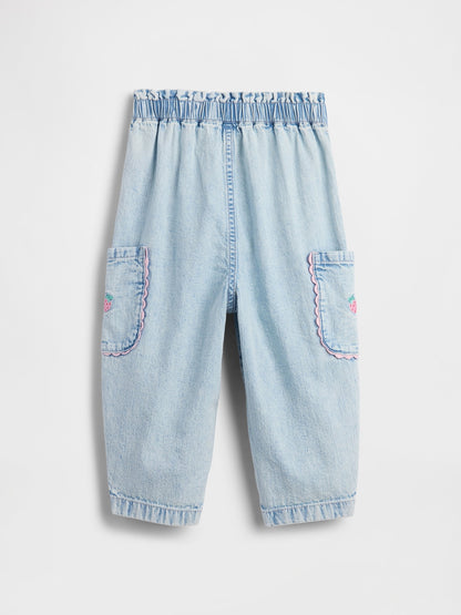 Açık Mavi Pull-on Çilek Işlemeli Kargo Barrel Jean Pantolon