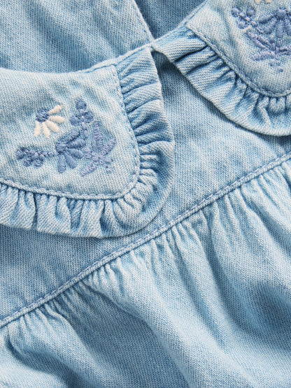 Mavi Işlemeli Denim Balon Kol Bodysuit