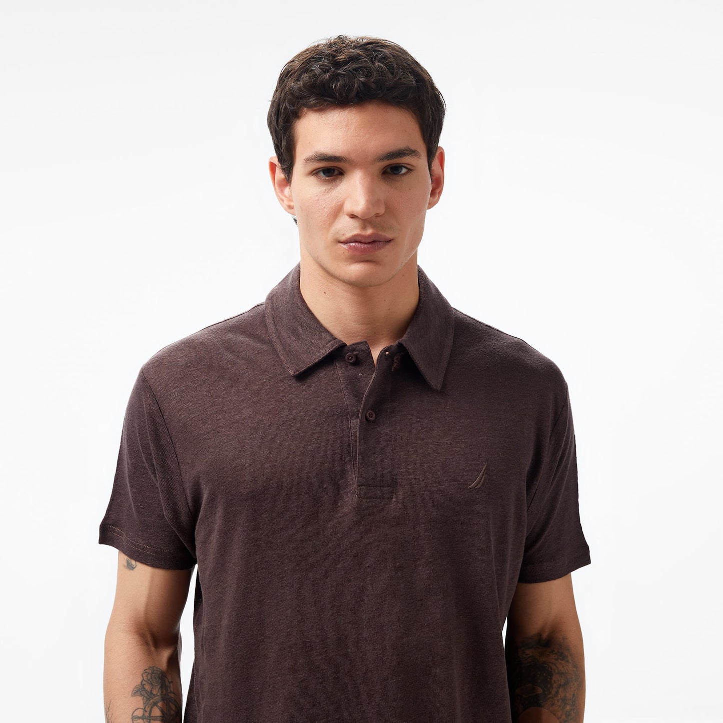 Nautica Erkek Kahverengi Classic Fit Kısa Kollu Keten Polo Yaka T-shirt