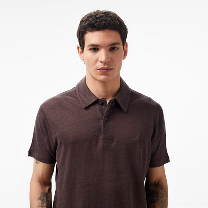 Nautica Erkek Kahverengi Classic Fit Kısa Kollu Keten Polo Yaka T-shirt