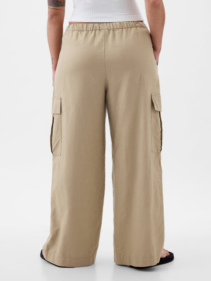 Bej Keten Karışımlı Pull-on Kargo Pantolon