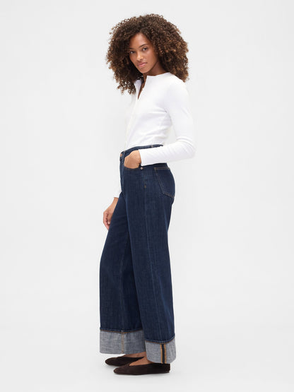 Koyu Mavi High Rise Wide-leg Jean Pantolon