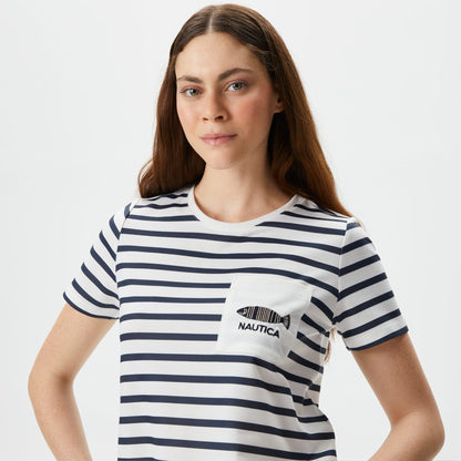 Nautica Kadın Beyaz Regular Fit Çizgili T-shirt