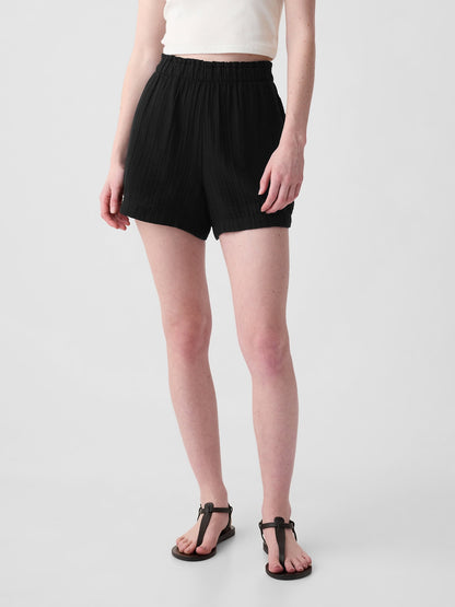 Siyah Crinkle Gauze Pull-on Şort