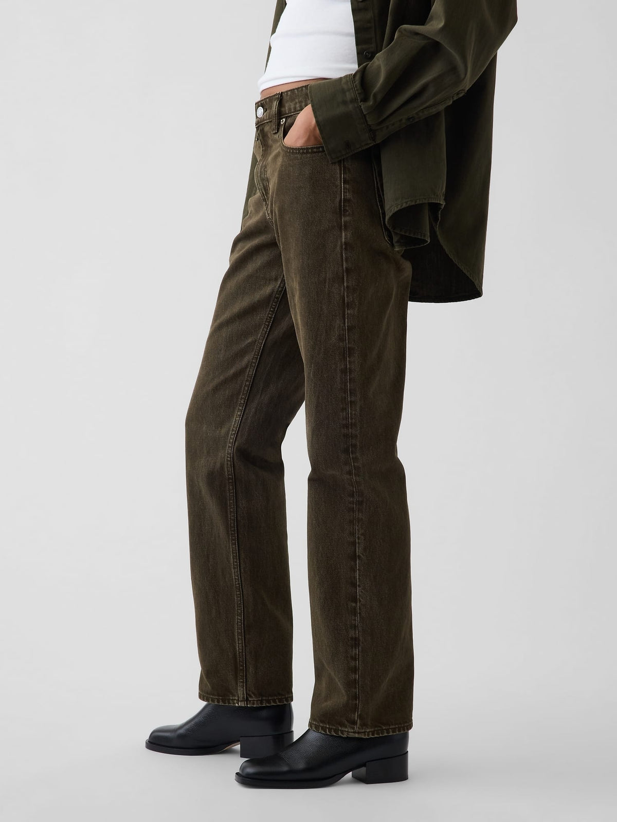 Koyu Yeşil Mid Rise Straight Taper Jean Pantolon