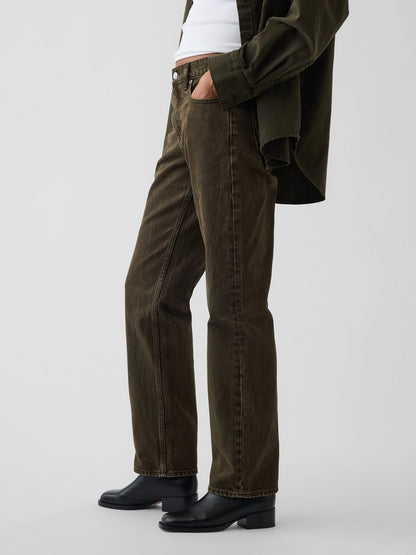 Koyu Yeşil Mid Rise Straight Taper Jean Pantolon