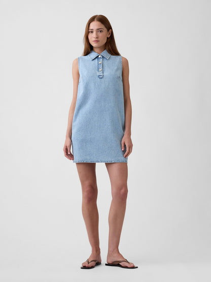 Açık Mavi Kolsuz Yaka Detaylı Denim Mini Elbise