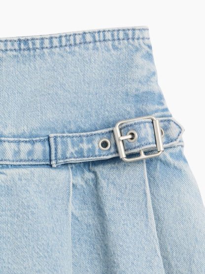 Açık Mavi Denim Pileli Mini Etek