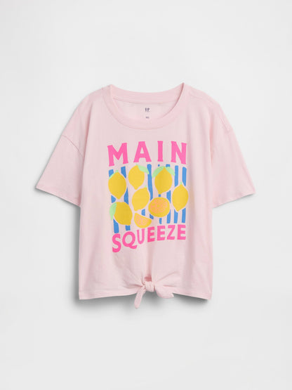 Pembe Oversized Knot-tie Grafik Baskılı T-shirt