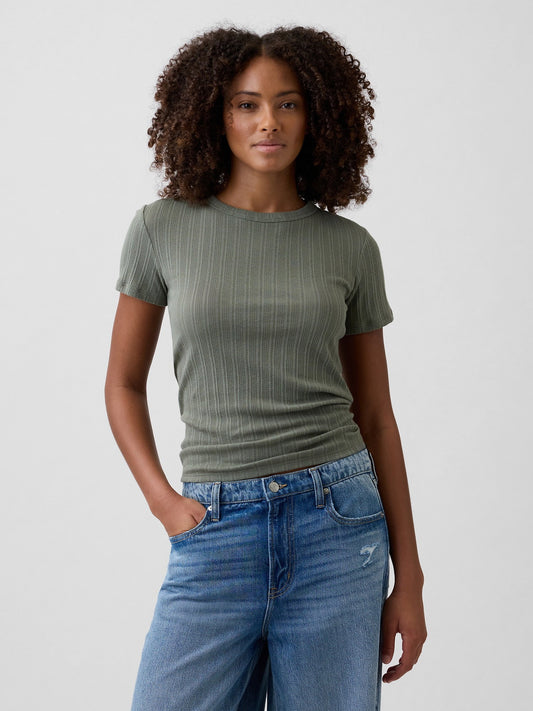 Haki Fitilli Pointelle Crewneck T-shirt