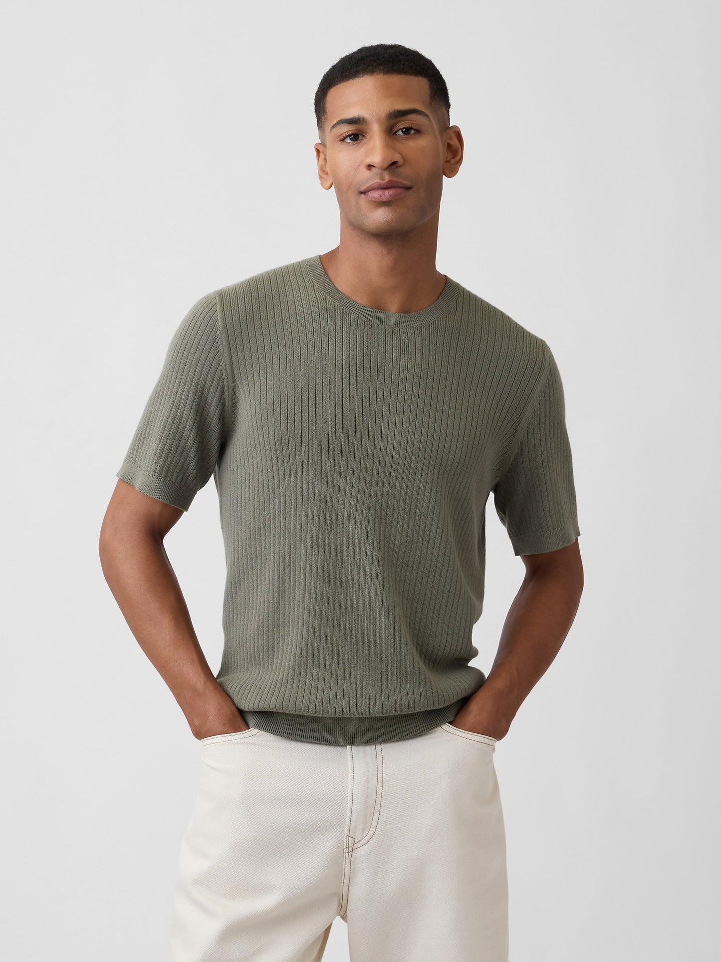 Haki Ribbed Bisiklet Yaka Triko T-shirt