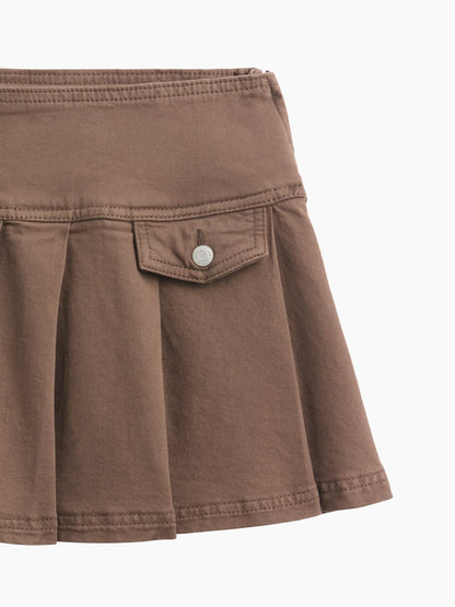 Kahverengi Denim Pileli Mini Etek