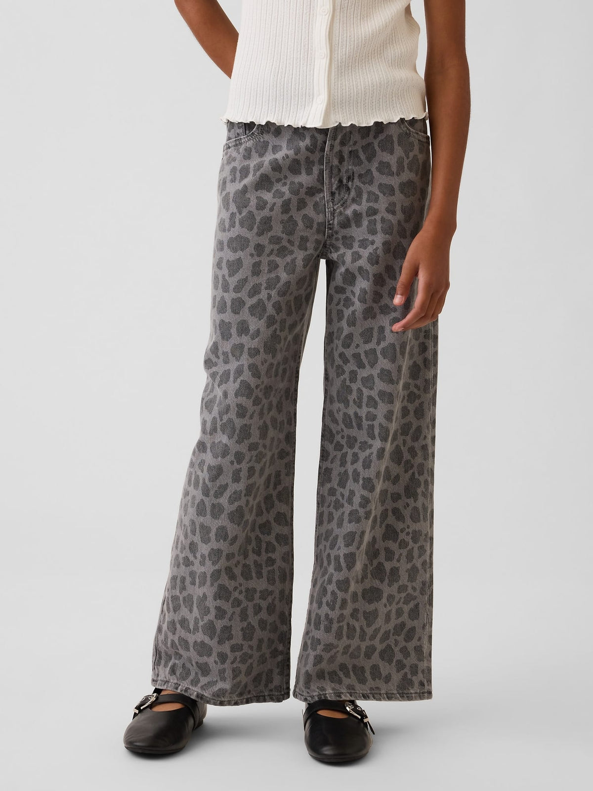 Gri Low Rise Stride Leopar Wide-leg Jean Pantolon