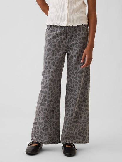 Gri Low Rise Stride Leopar Wide-leg Jean Pantolon