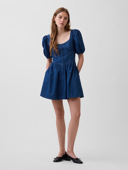 Mavi Denim Puff-sleeve Kalp Yaka Mini Elbise