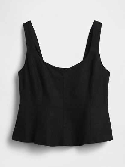 Siyah Keten Karışımlı Peplum Bluz