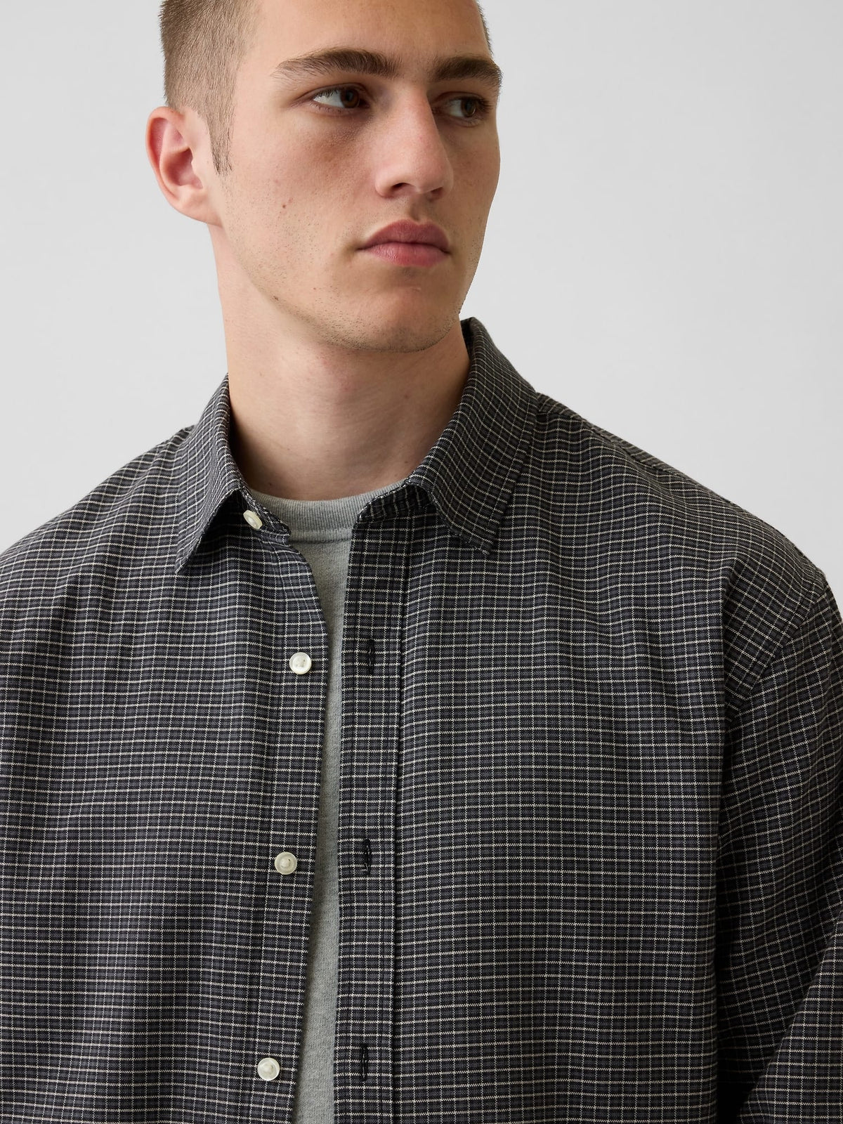 Gri Relaxed Crop Straight-hem Oxford Gömlek