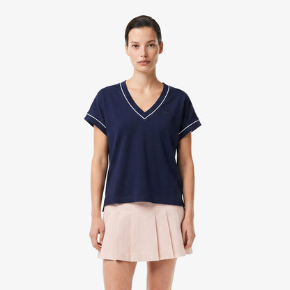 Lacoste Kadın Loose Fit V Yaka Lacivert T-shirt