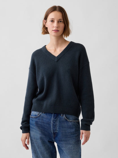 Koyu Yeşil Cashsoft Oversized V-yaka Kazak