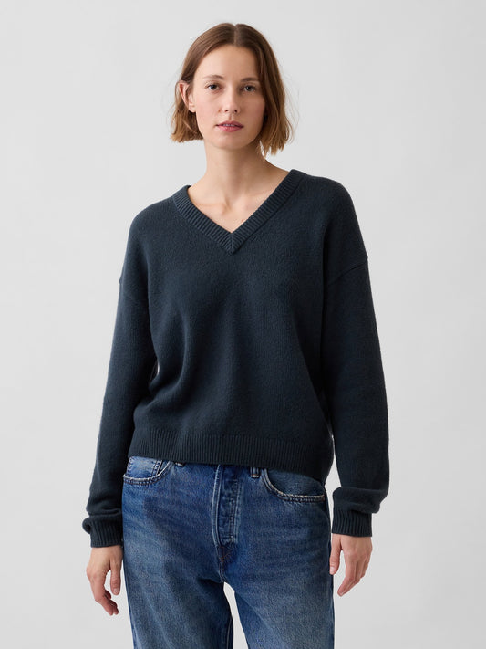 Koyu Yeşil Cashsoft Oversized V-yaka Kazak
