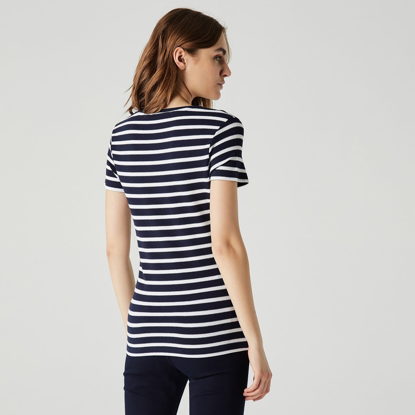 Lacoste Kadın Slim Fit Bisiklet Yaka Çizgili Lacivert T-shirt