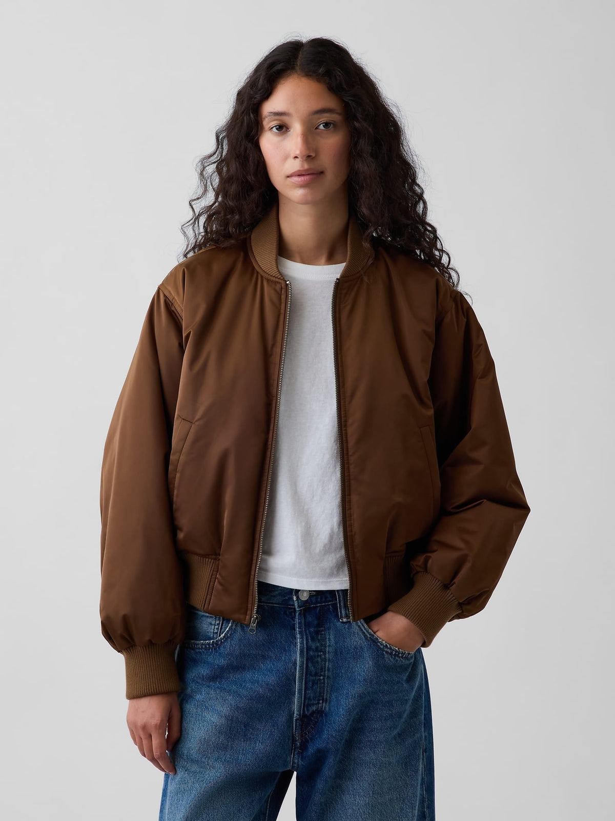 Kahverengi Padded Saten Bomber Ceket
