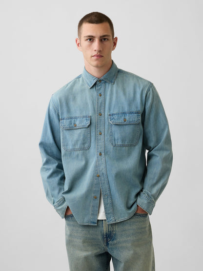 Açık Mavi Ultrasoft Denim Relaxed Utility Gömlek